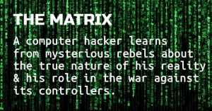 Logline workshop: The Matrix - white text on scrlling green code on black background.