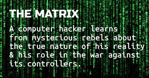 Logline workshop: The Matrix - white text on scrolling green code on black background.